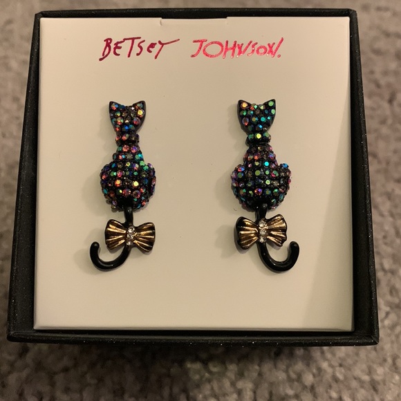 Betsey Johnson Swinging Black Cat Pave Earrings - Picture 3 of 6